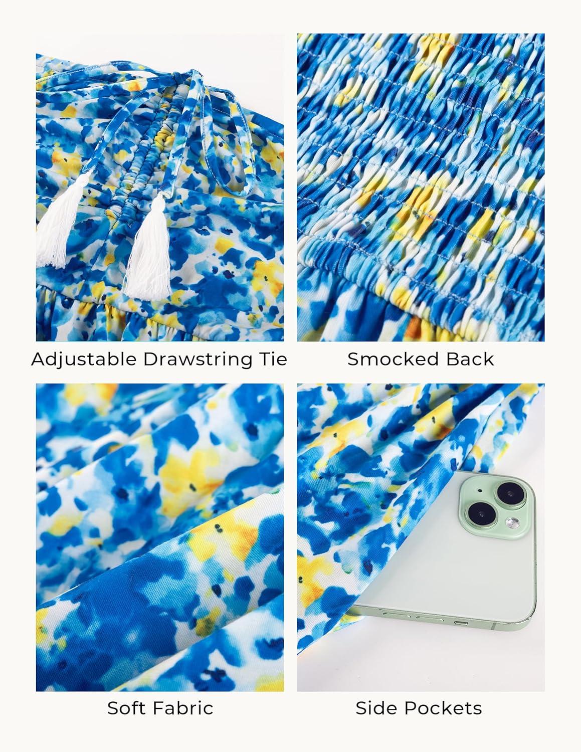 imageGRACE KARIN Strapless Floral Maxi DressSummer Casual Tube Top Boho DressesBeach Smocked Flowy Dress with PocketsBlue and Yellow Floral
