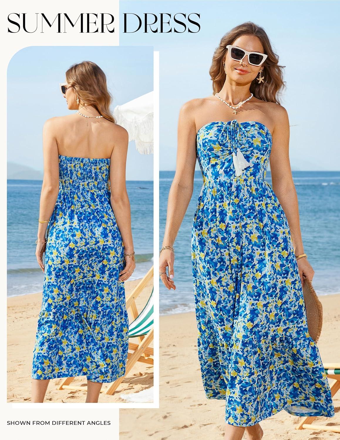 imageGRACE KARIN Strapless Floral Maxi DressSummer Casual Tube Top Boho DressesBeach Smocked Flowy Dress with PocketsBlue and Yellow Floral