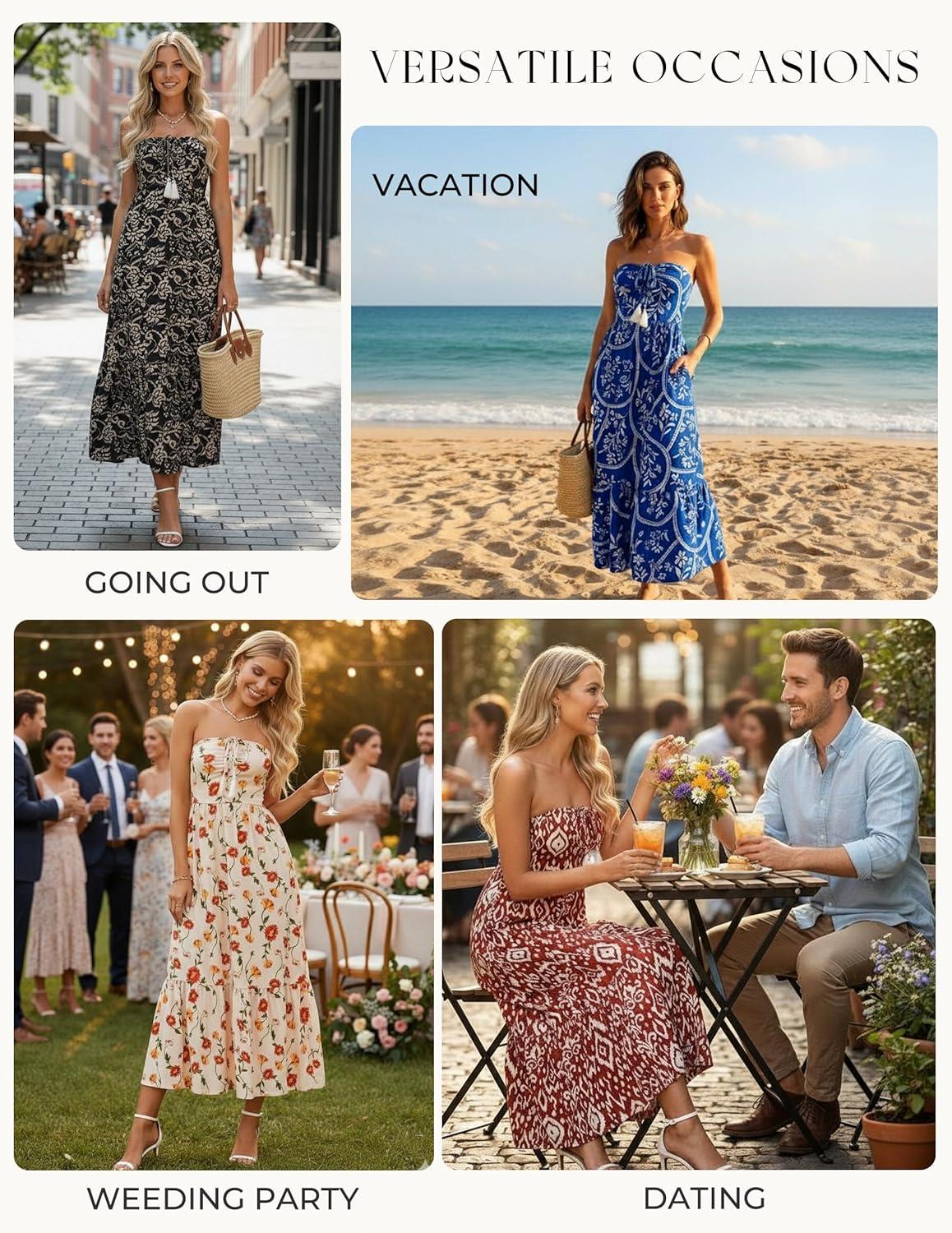 imageGRACE KARIN Strapless Floral Maxi DressSummer Casual Tube Top Boho DressesBeach Smocked Flowy Dress with PocketsRed and White Floral