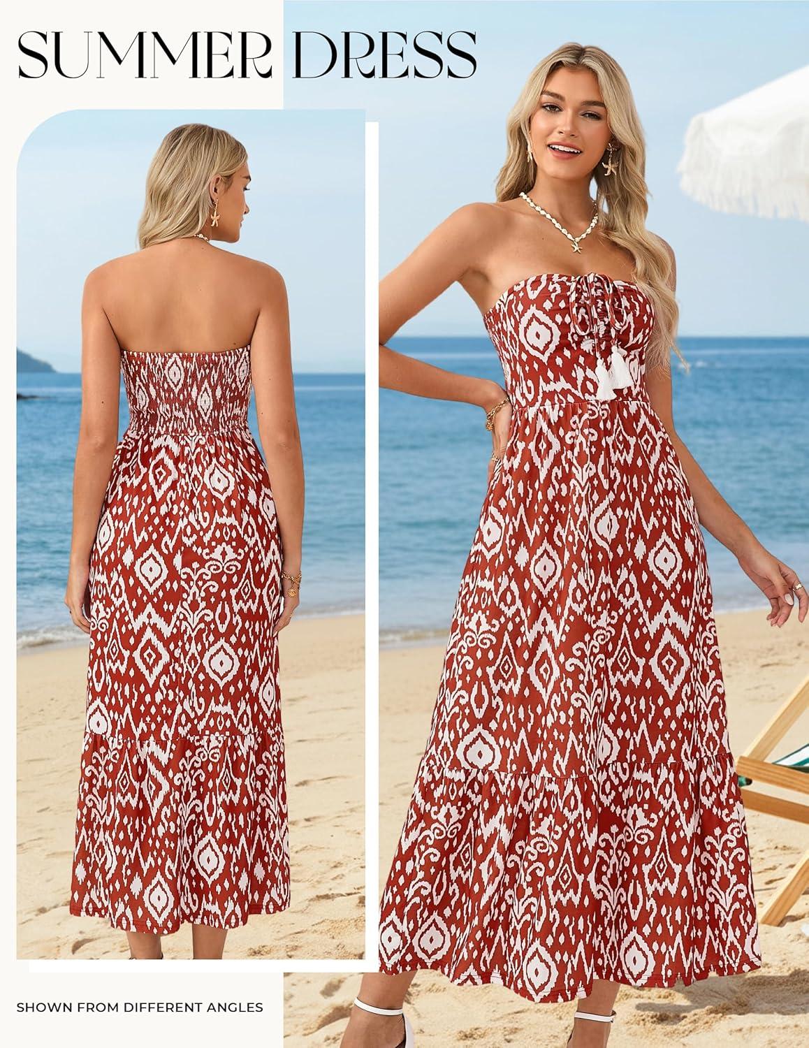 imageGRACE KARIN Strapless Floral Maxi DressSummer Casual Tube Top Boho DressesBeach Smocked Flowy Dress with PocketsRed and White Floral