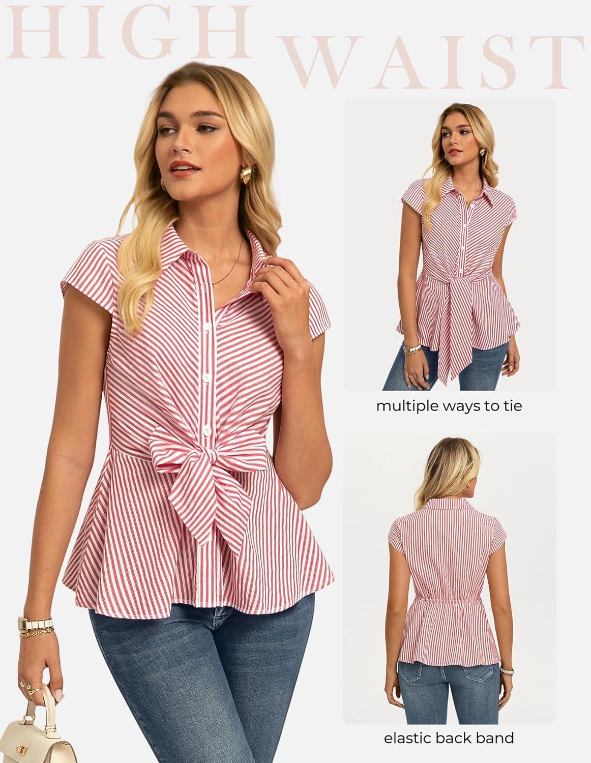 imageGRACE KARIN Striped Button Down Shirts WomenShort Sleeve Peplum Tops Business CasualTie Front Work Cotton Blouses SummerRed