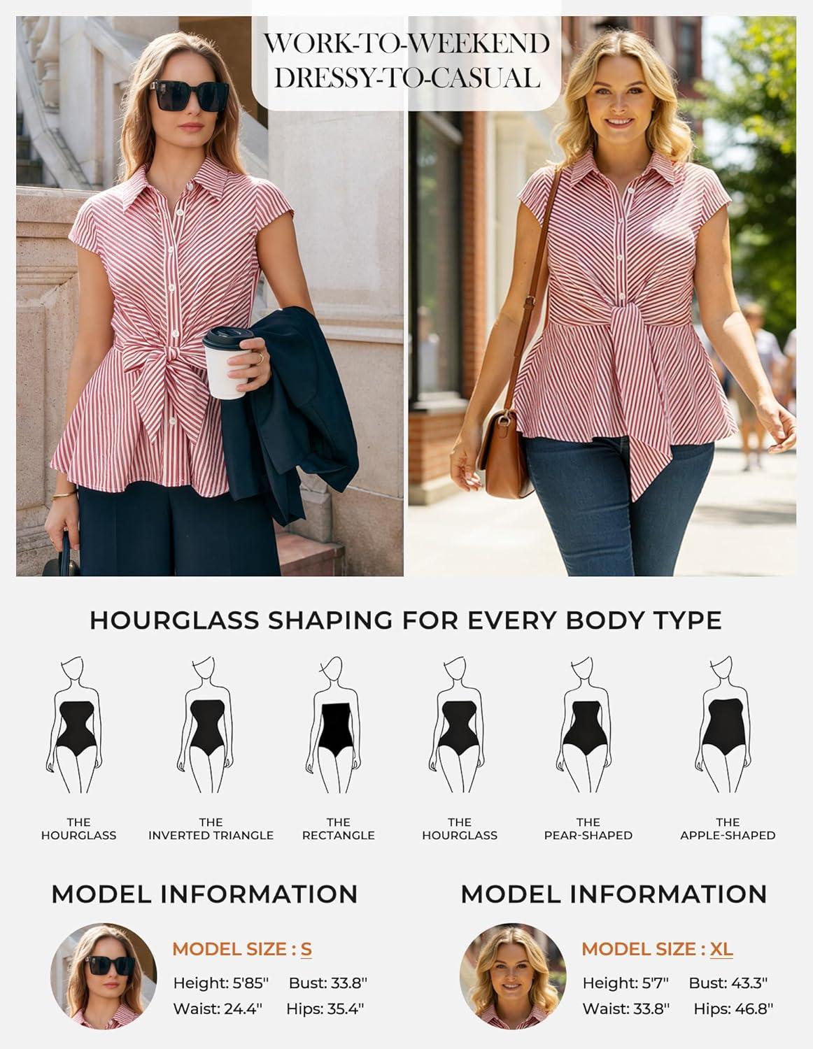 imageGRACE KARIN Striped Button Down Shirts WomenShort Sleeve Peplum Tops Business CasualTie Front Work Cotton Blouses SummerRed