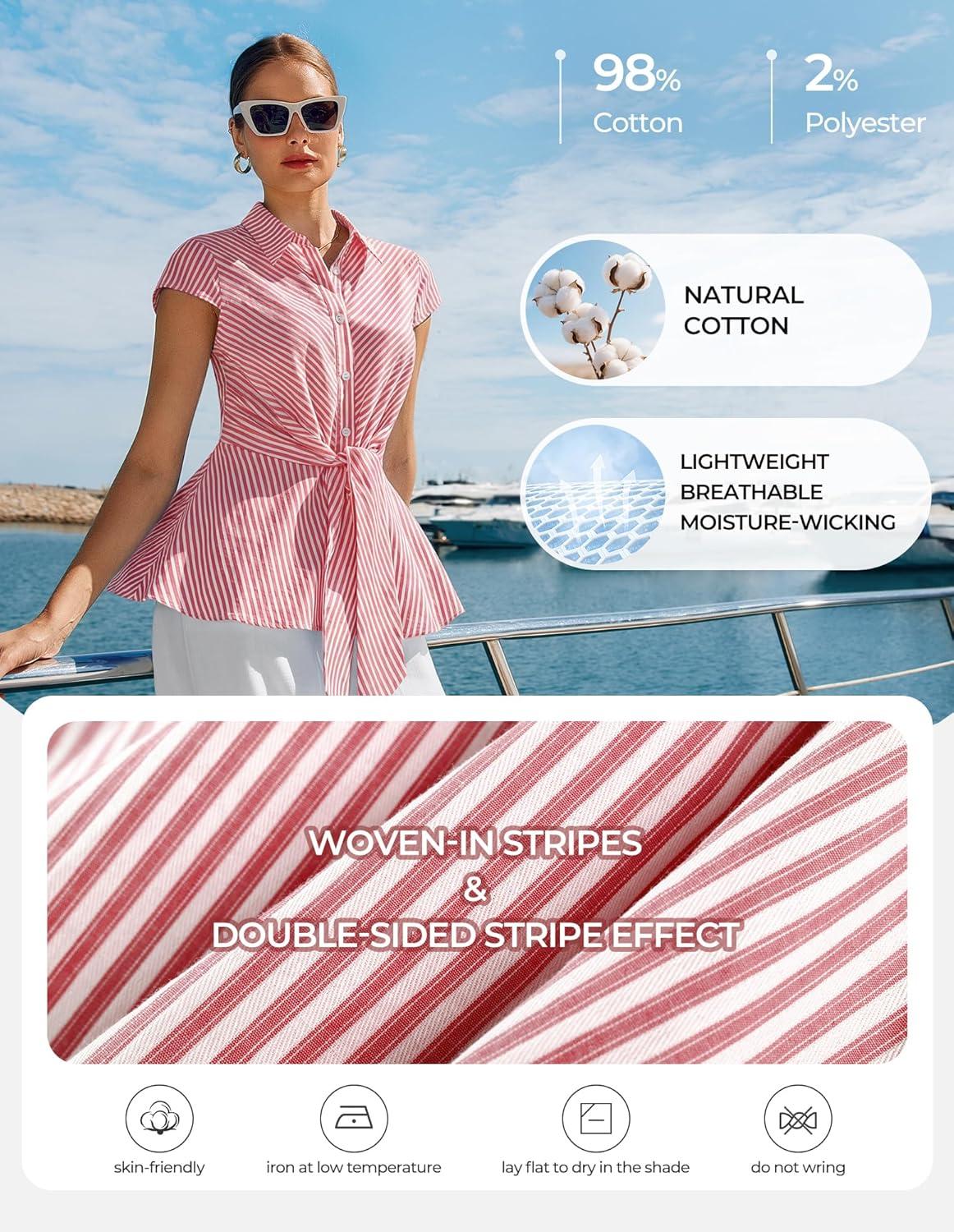 imageGRACE KARIN Striped Button Down Shirts WomenShort Sleeve Peplum Tops Business CasualTie Front Work Cotton Blouses SummerRed