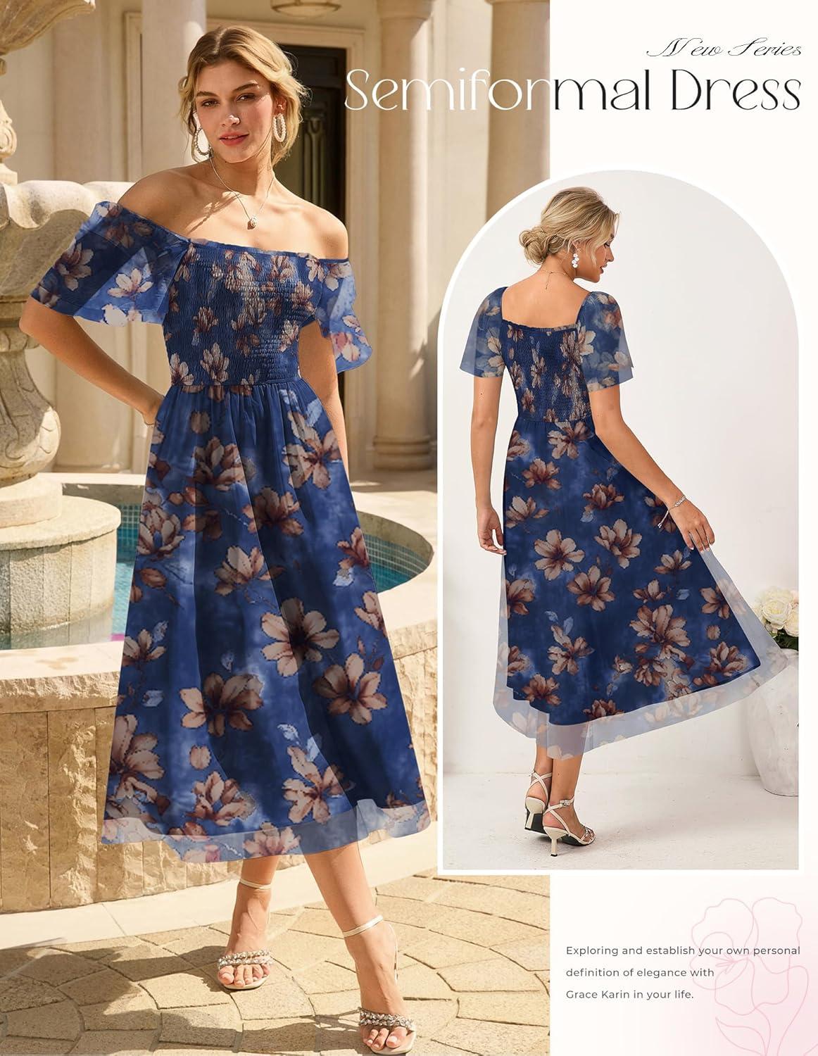 imageGRACE KARIN Summer Floral Maxi Dress for WomenV Neck Formal DressShort Sleeve Wedding Guest DressesFloral Navy Blue