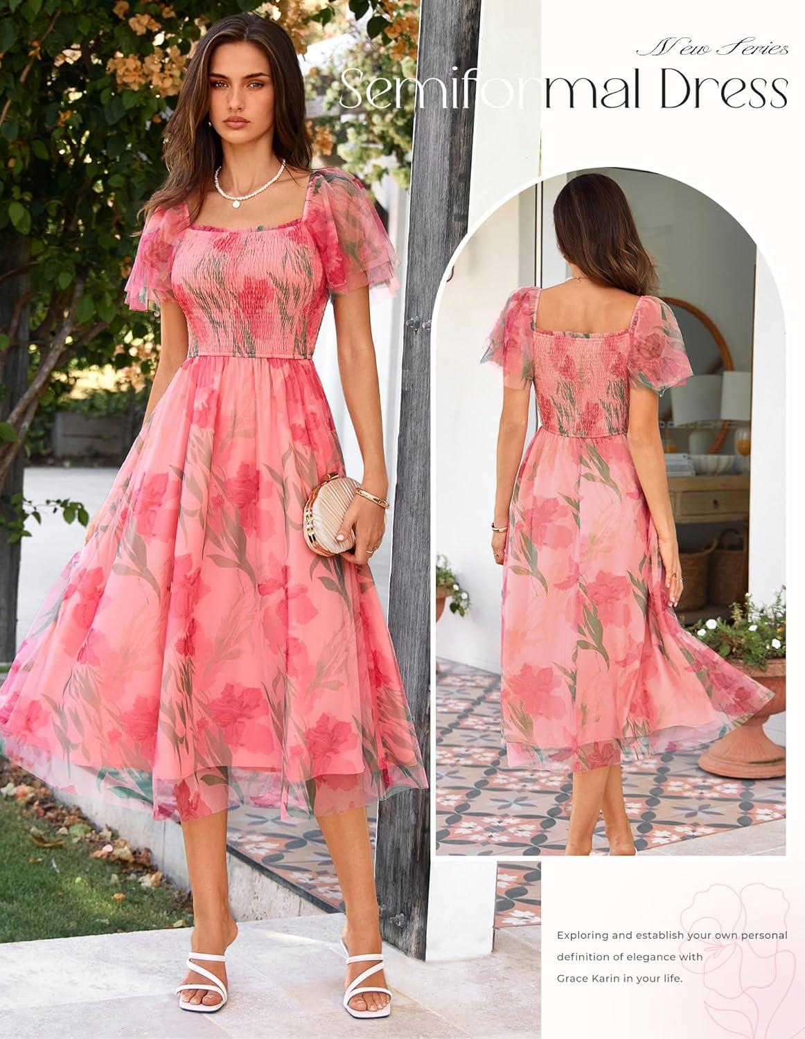 imageGRACE KARIN Summer Floral Maxi Dress for WomenV Neck Formal DressShort Sleeve Wedding Guest DressesFloral Orange Pink