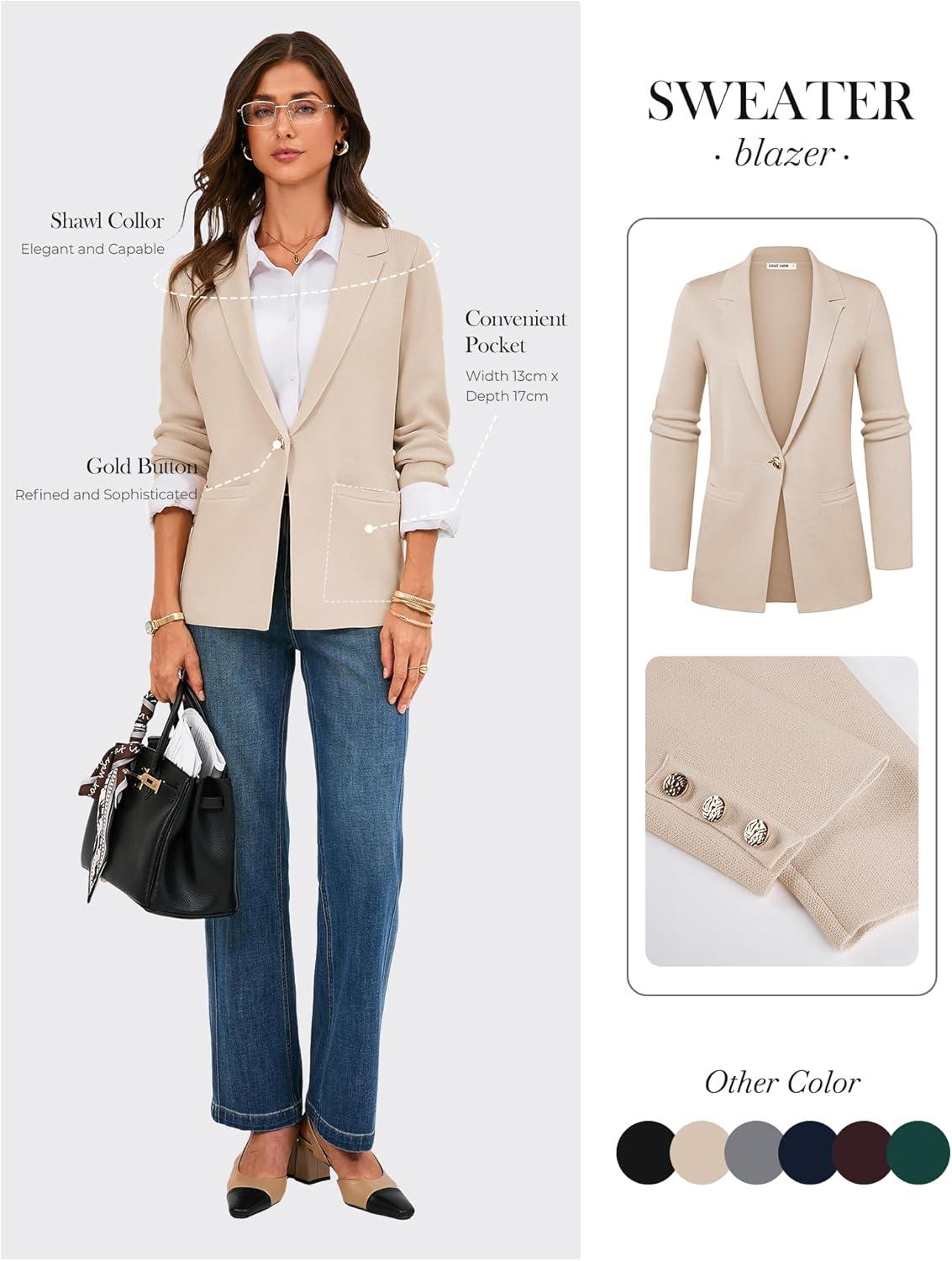 imageGRACE KARIN Sweater Blazers for Women Business Casual Long Sleeve Open Front Work Office Cardigan Suit Jackets with PocketsApricot