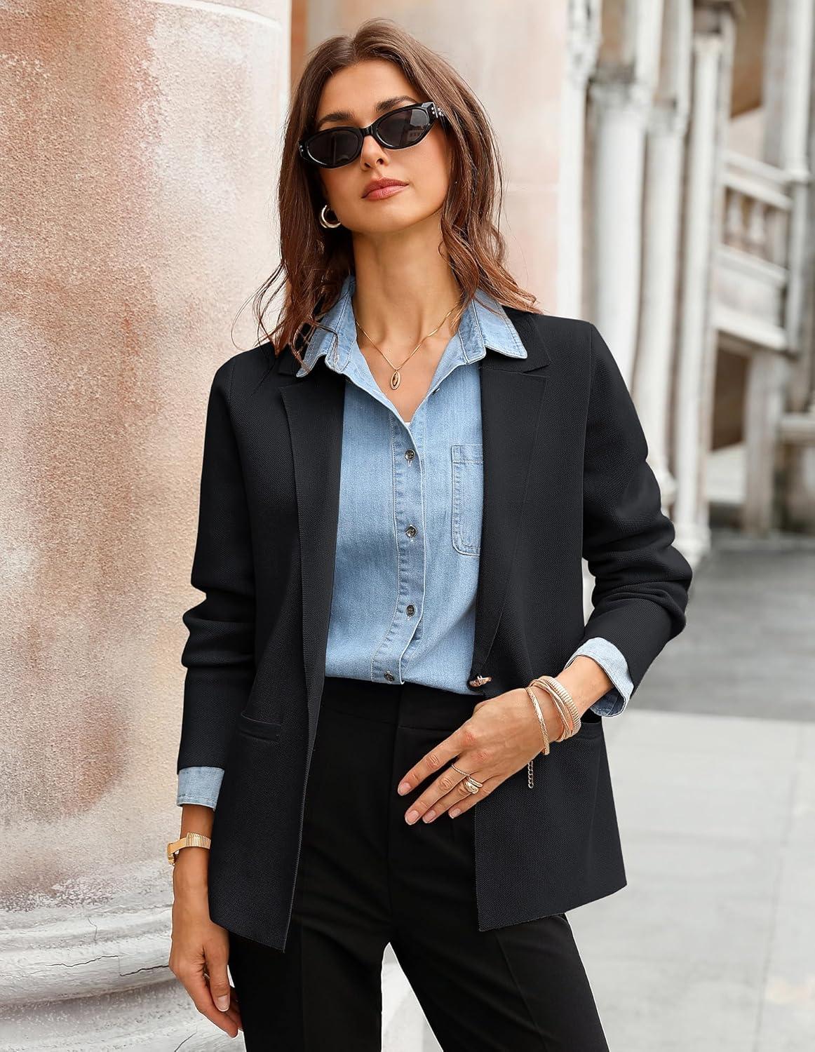 imageGRACE KARIN Sweater Blazers for Women Business Casual Long Sleeve Open Front Work Office Cardigan Suit Jackets with PocketsBlack