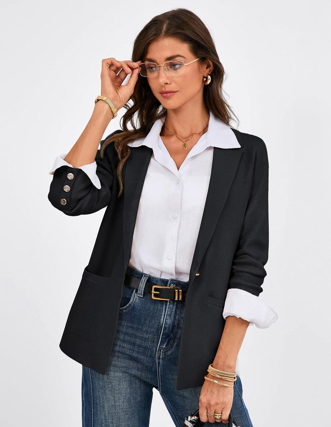 imageGRACE KARIN Sweater Blazers for Women Business Casual Long Sleeve Open Front Work Office Cardigan Suit Jackets with PocketsBlack