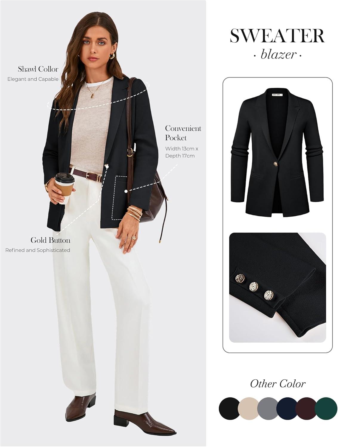 imageGRACE KARIN Sweater Blazers for Women Business Casual Long Sleeve Open Front Work Office Cardigan Suit Jackets with PocketsBlack