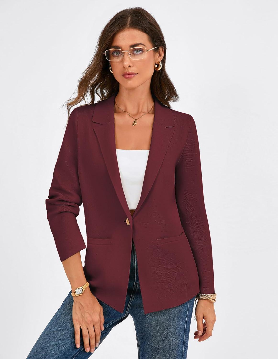 imageGRACE KARIN Sweater Blazers for Women Business Casual Long Sleeve Open Front Work Office Cardigan Suit Jackets with PocketsBurgundy