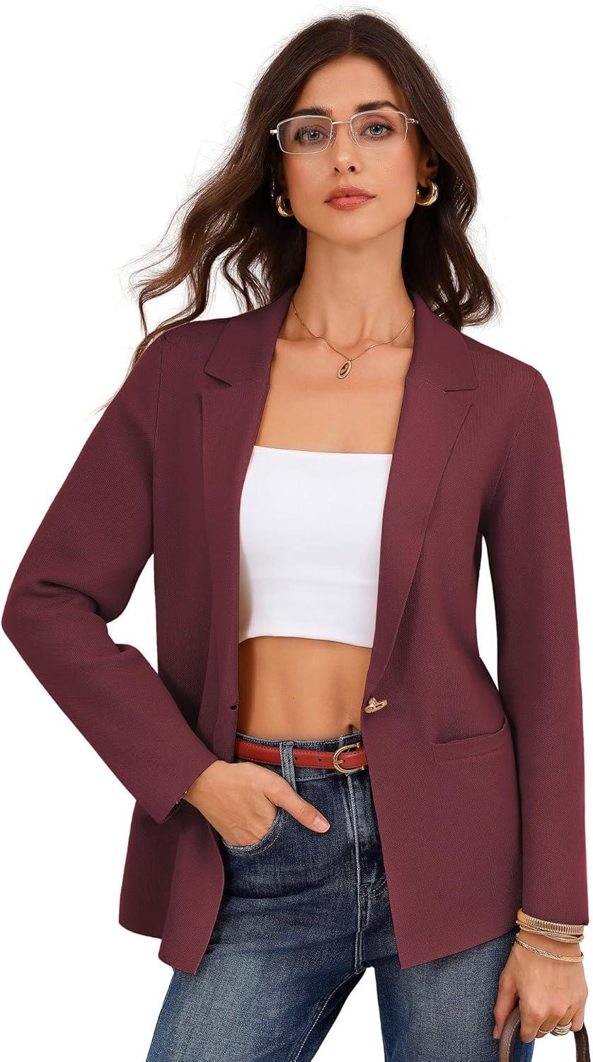 imageGRACE KARIN Sweater Blazers for Women Business Casual Long Sleeve Open Front Work Office Cardigan Suit Jackets with PocketsBurgundy
