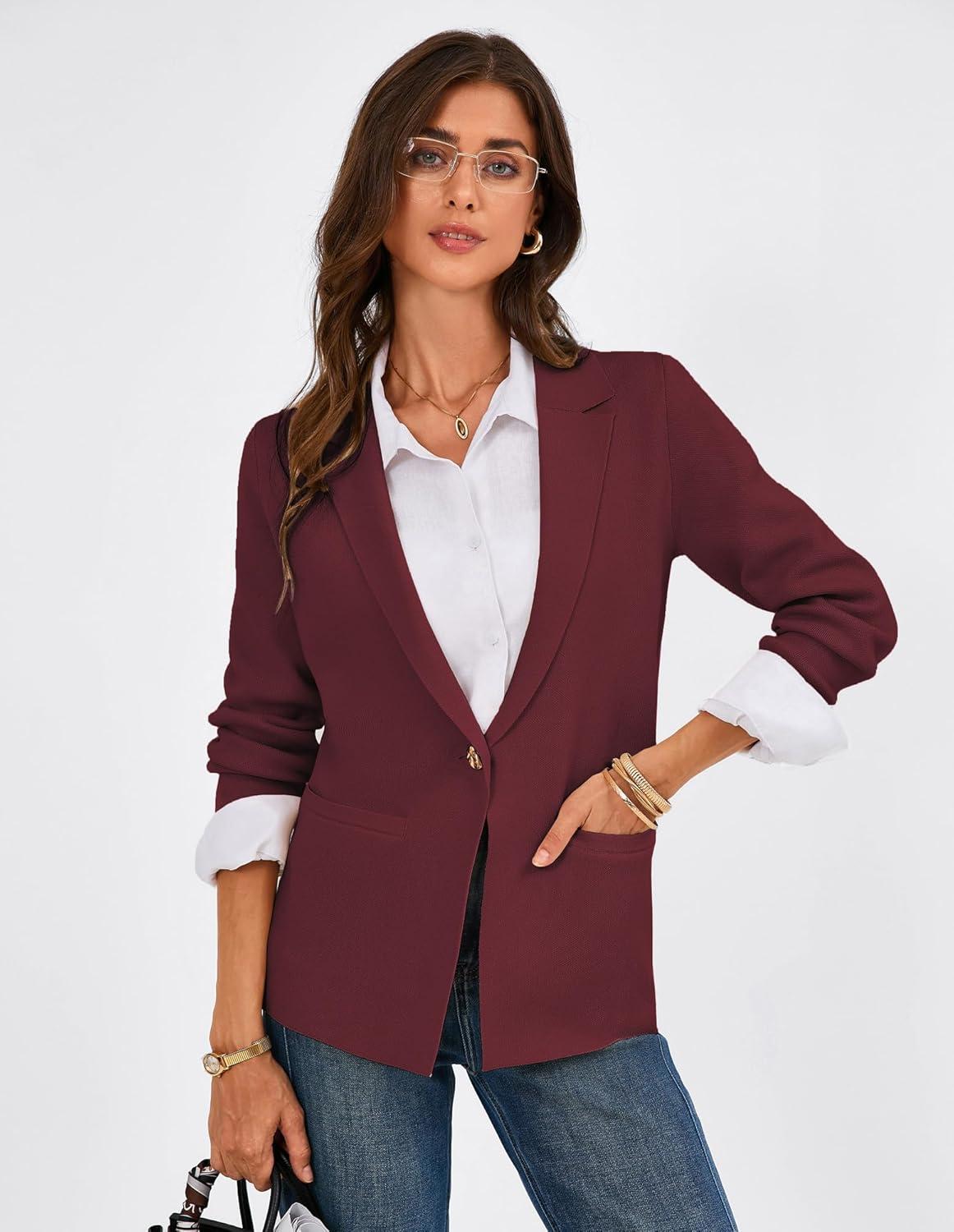 imageGRACE KARIN Sweater Blazers for Women Business Casual Long Sleeve Open Front Work Office Cardigan Suit Jackets with PocketsBurgundy