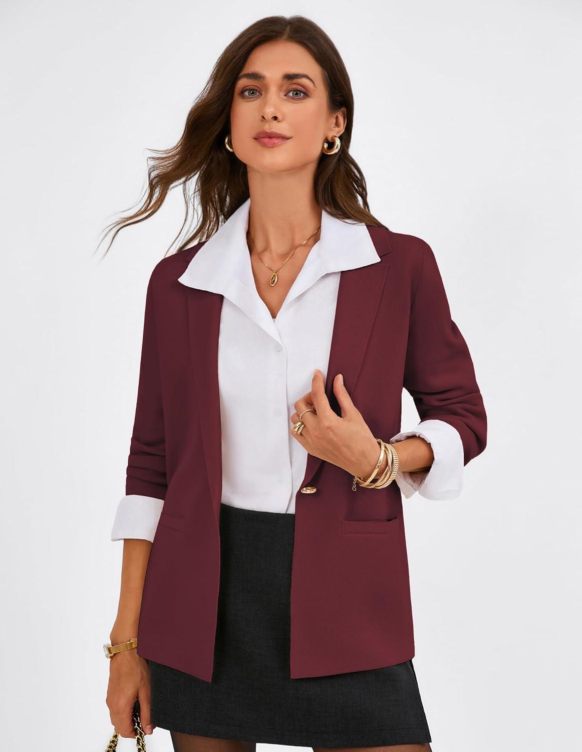 imageGRACE KARIN Sweater Blazers for Women Business Casual Long Sleeve Open Front Work Office Cardigan Suit Jackets with PocketsBurgundy