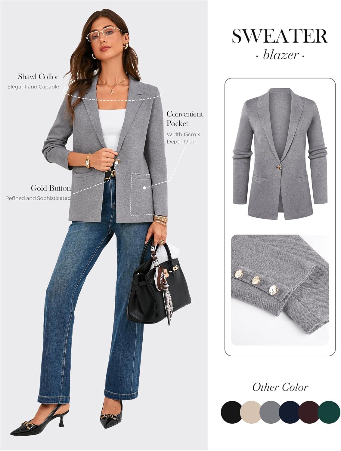 imageGRACE KARIN Sweater Blazers for Women Business Casual Long Sleeve Open Front Work Office Cardigan Suit Jackets with PocketsHeather Grey