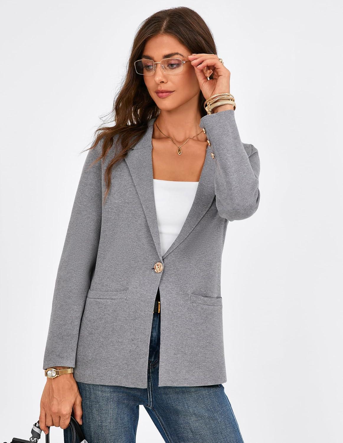 imageGRACE KARIN Sweater Blazers for Women Business Casual Long Sleeve Open Front Work Office Cardigan Suit Jackets with PocketsHeather Grey