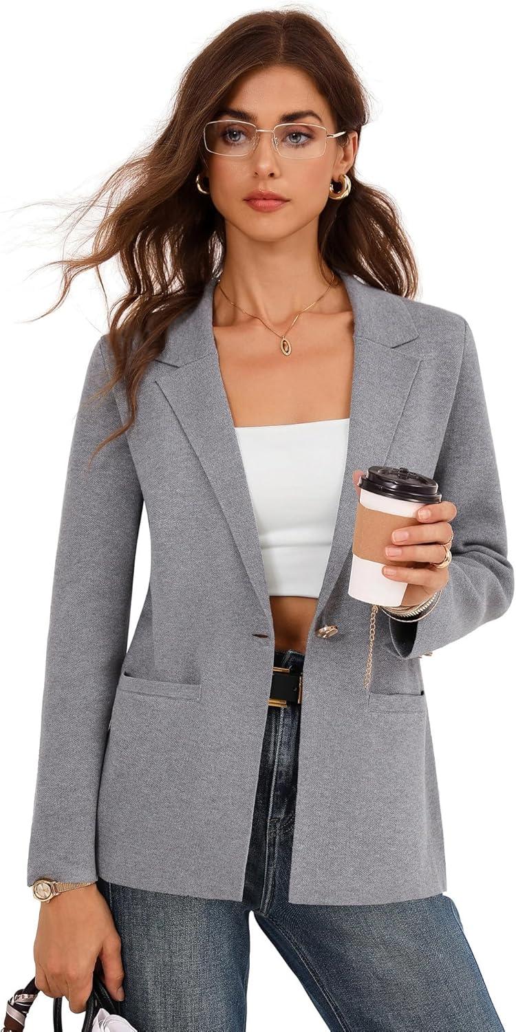 imageGRACE KARIN Sweater Blazers for Women Business Casual Long Sleeve Open Front Work Office Cardigan Suit Jackets with PocketsHeather Grey