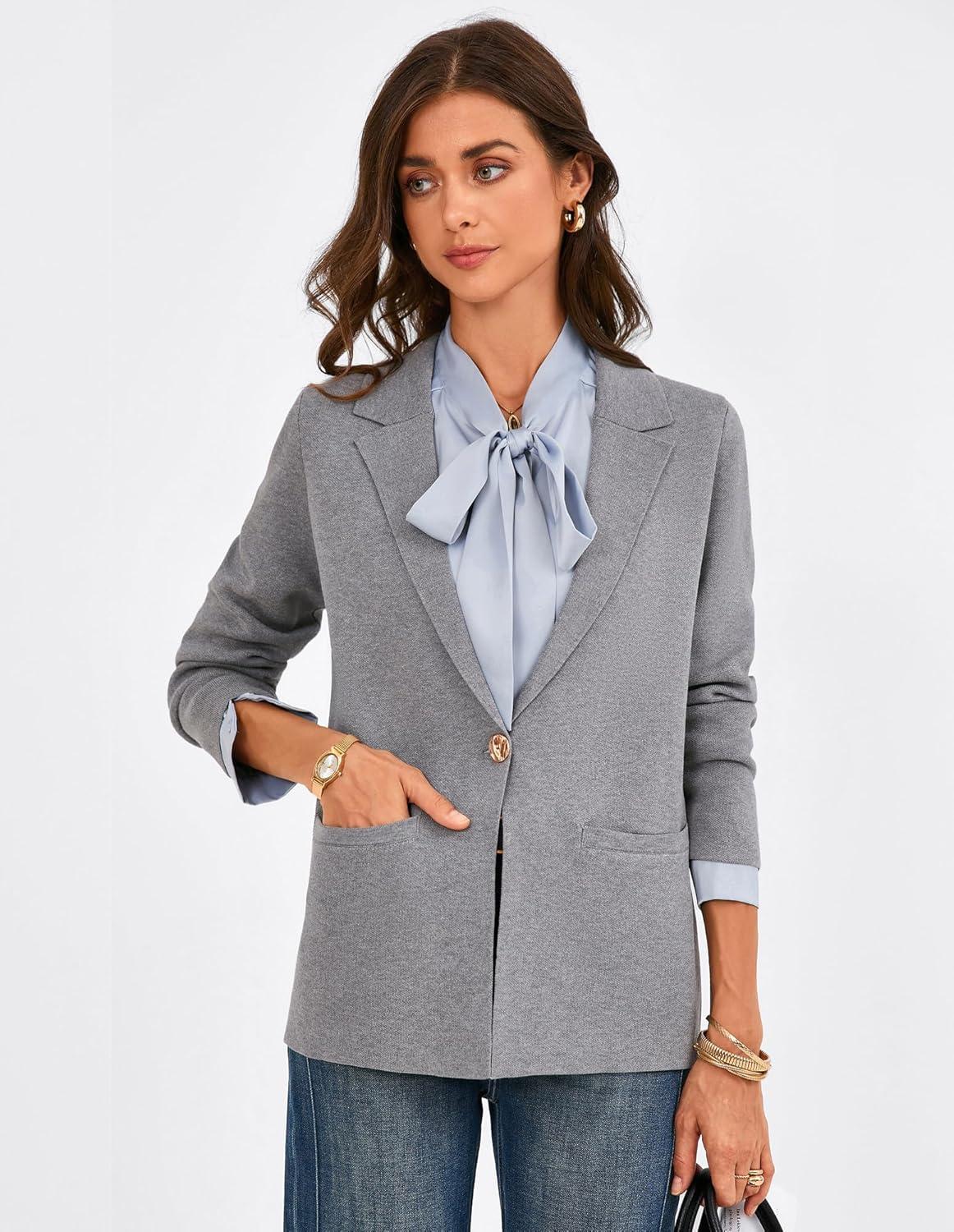imageGRACE KARIN Sweater Blazers for Women Business Casual Long Sleeve Open Front Work Office Cardigan Suit Jackets with PocketsHeather Grey