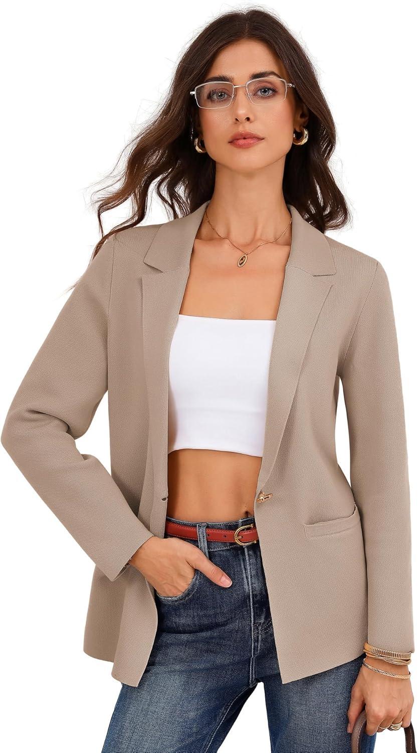 imageGRACE KARIN Sweater Blazers for Women Business Casual Long Sleeve Open Front Work Office Cardigan Suit Jackets with PocketsKhaki