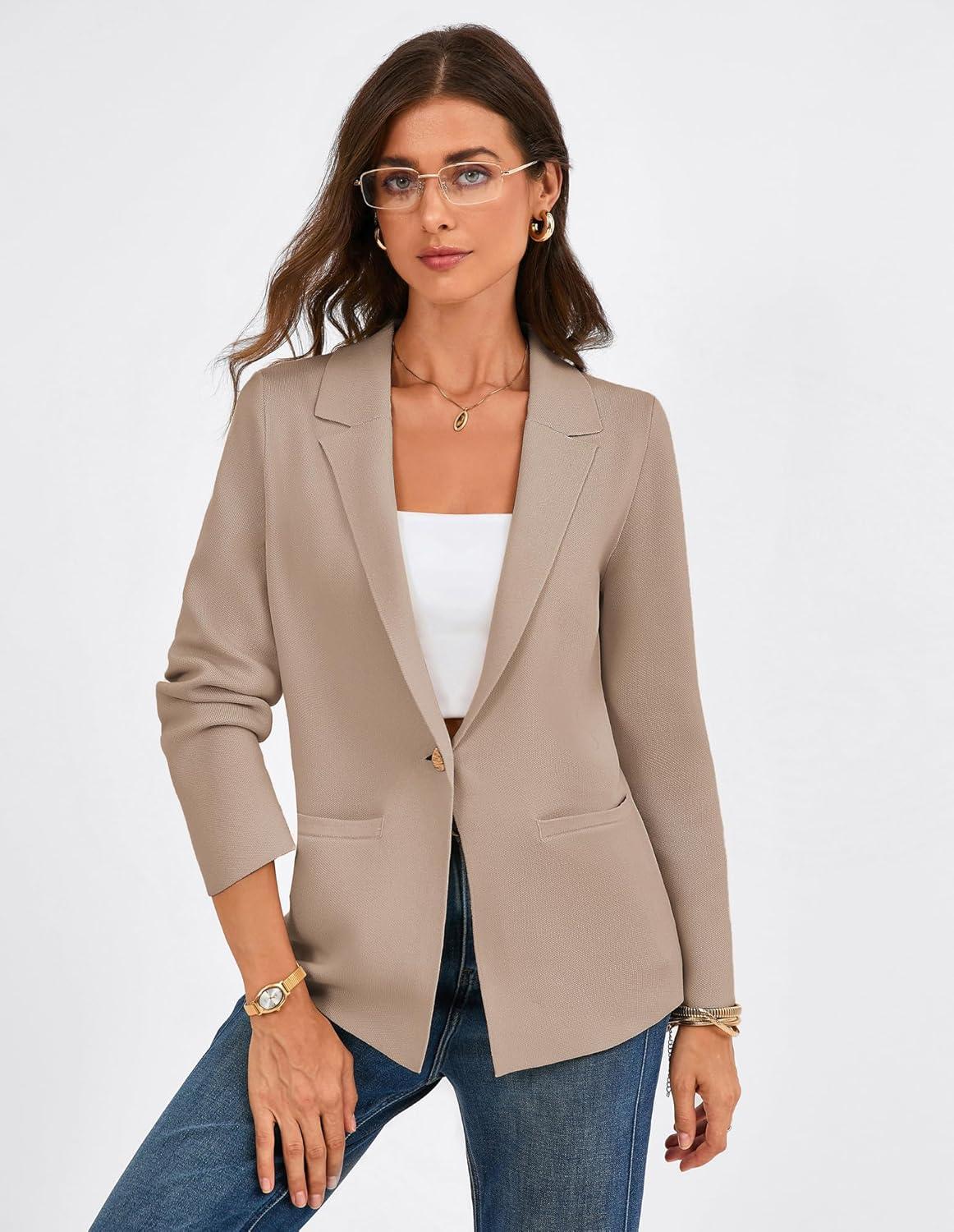 imageGRACE KARIN Sweater Blazers for Women Business Casual Long Sleeve Open Front Work Office Cardigan Suit Jackets with PocketsKhaki