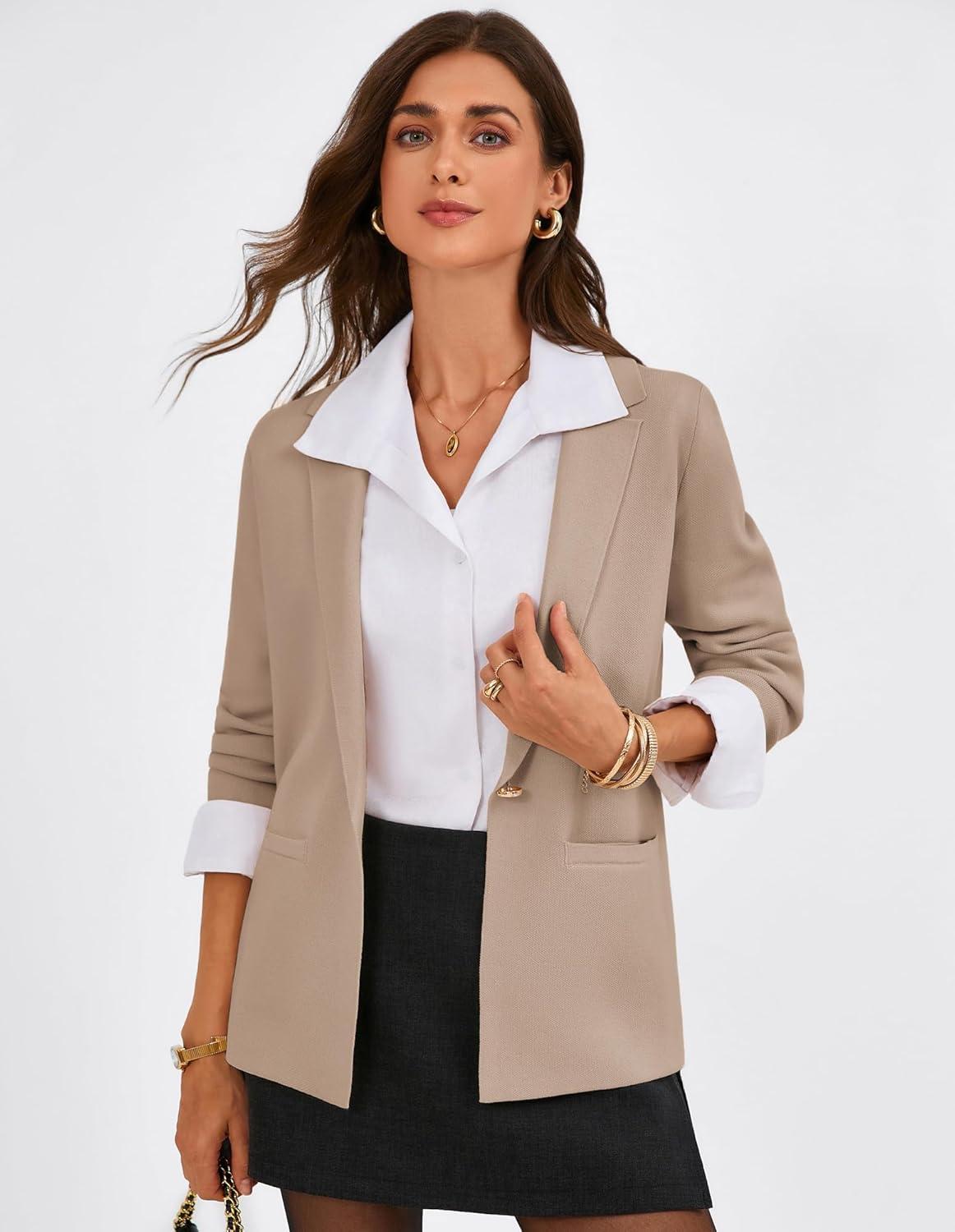 imageGRACE KARIN Sweater Blazers for Women Business Casual Long Sleeve Open Front Work Office Cardigan Suit Jackets with PocketsKhaki