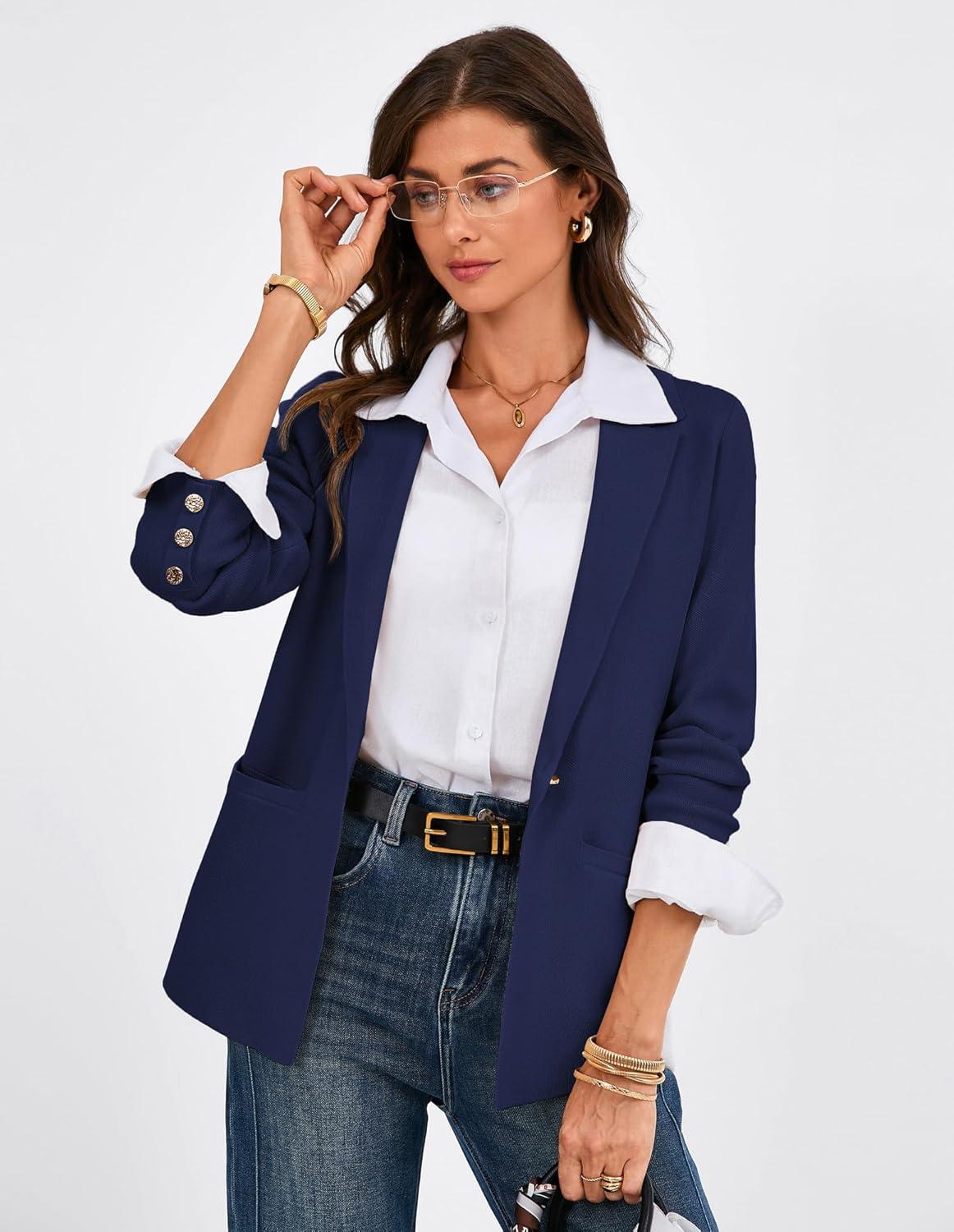 imageGRACE KARIN Sweater Blazers for Women Business Casual Long Sleeve Open Front Work Office Cardigan Suit Jackets with PocketsNavy Blue