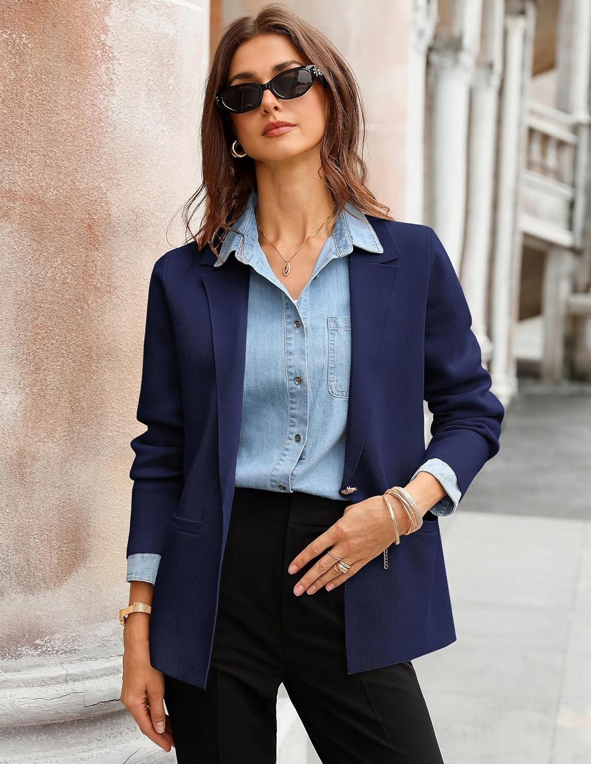 imageGRACE KARIN Sweater Blazers for Women Business Casual Long Sleeve Open Front Work Office Cardigan Suit Jackets with PocketsNavy Blue