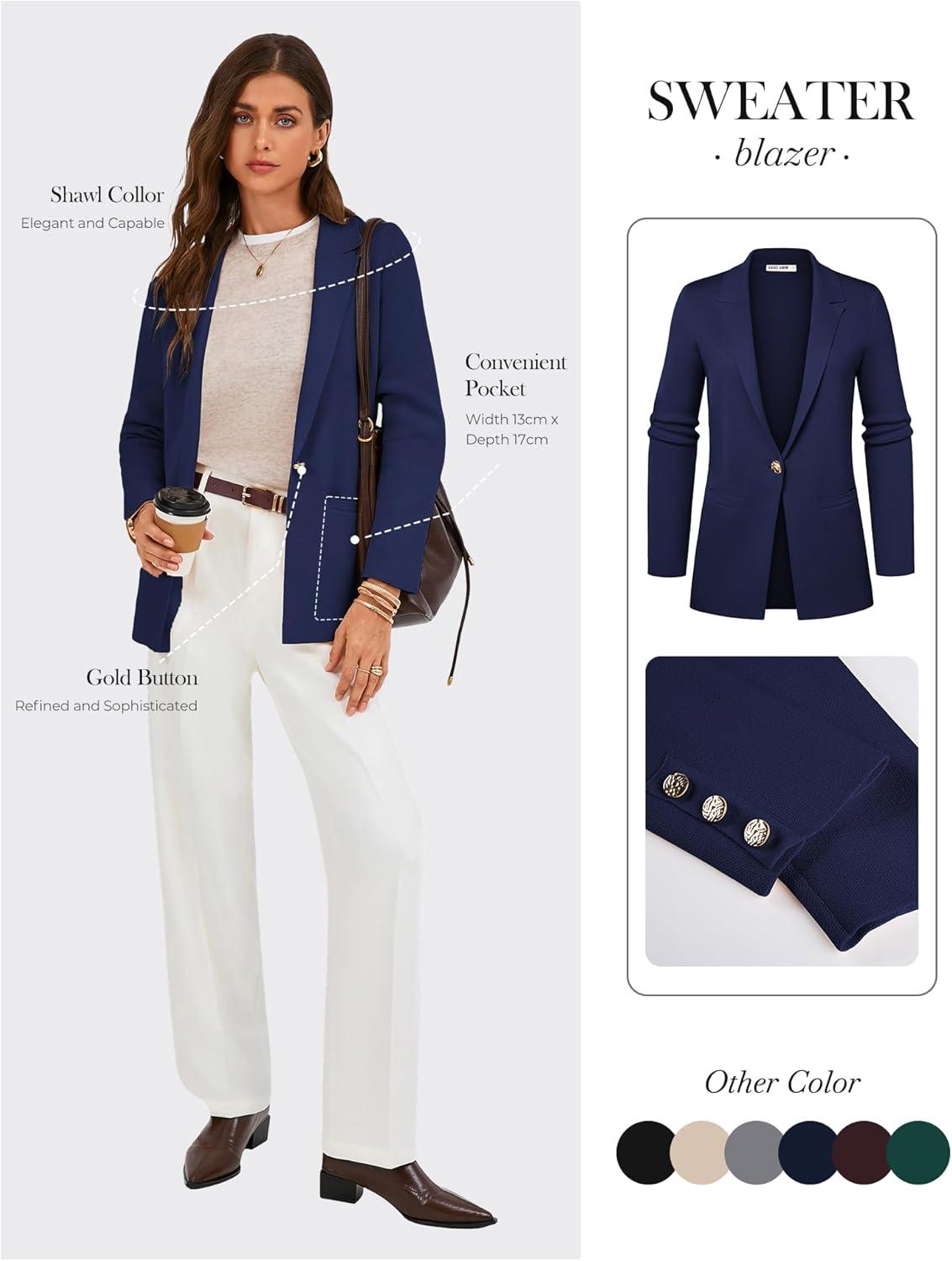 imageGRACE KARIN Sweater Blazers for Women Business Casual Long Sleeve Open Front Work Office Cardigan Suit Jackets with PocketsNavy Blue