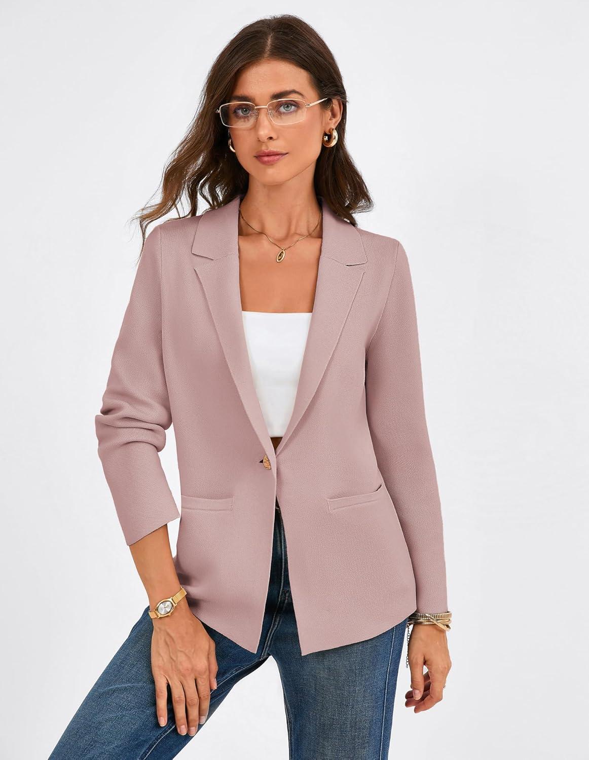 imageGRACE KARIN Sweater Blazers for Women Business Casual Long Sleeve Open Front Work Office Cardigan Suit Jackets with PocketsPink