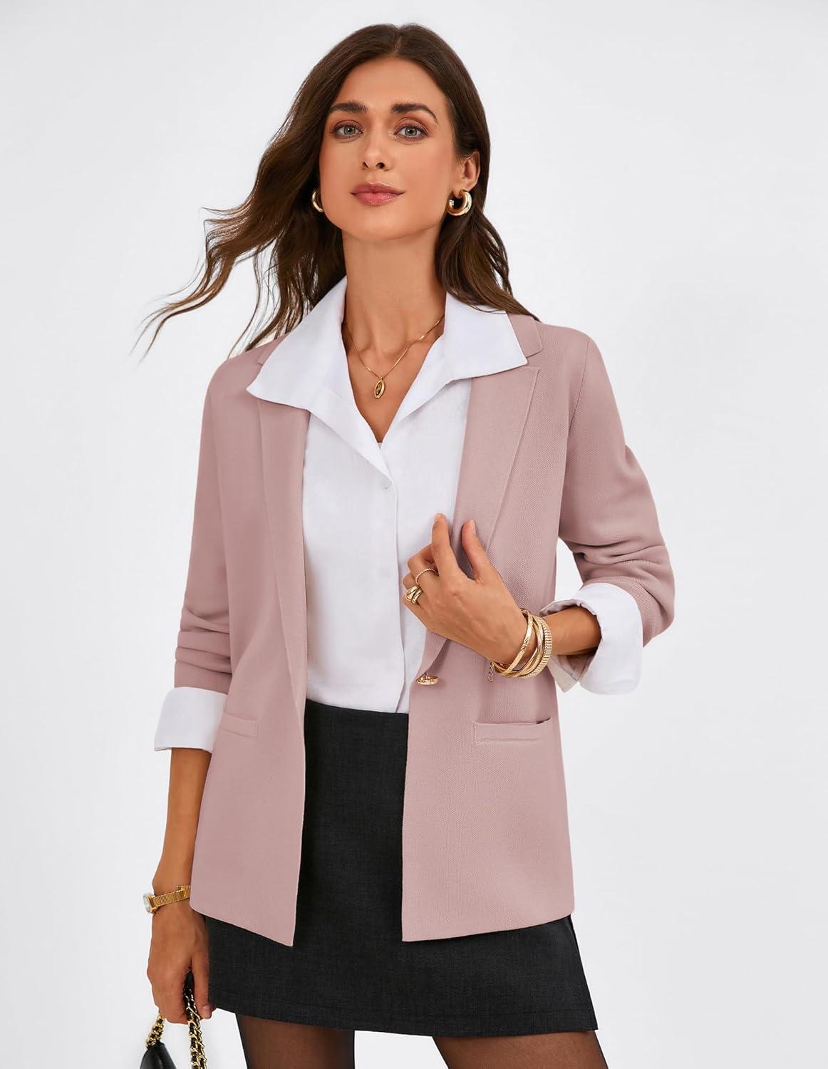 imageGRACE KARIN Sweater Blazers for Women Business Casual Long Sleeve Open Front Work Office Cardigan Suit Jackets with PocketsPink