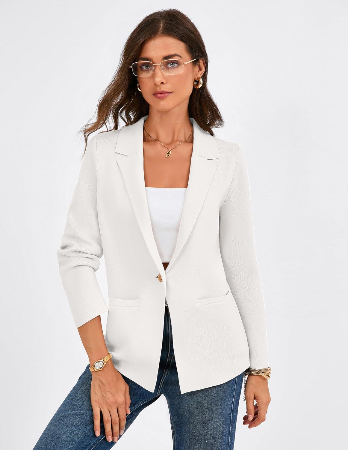 imageGRACE KARIN Sweater Blazers for Women Business Casual Long Sleeve Open Front Work Office Cardigan Suit Jackets with PocketsWhite