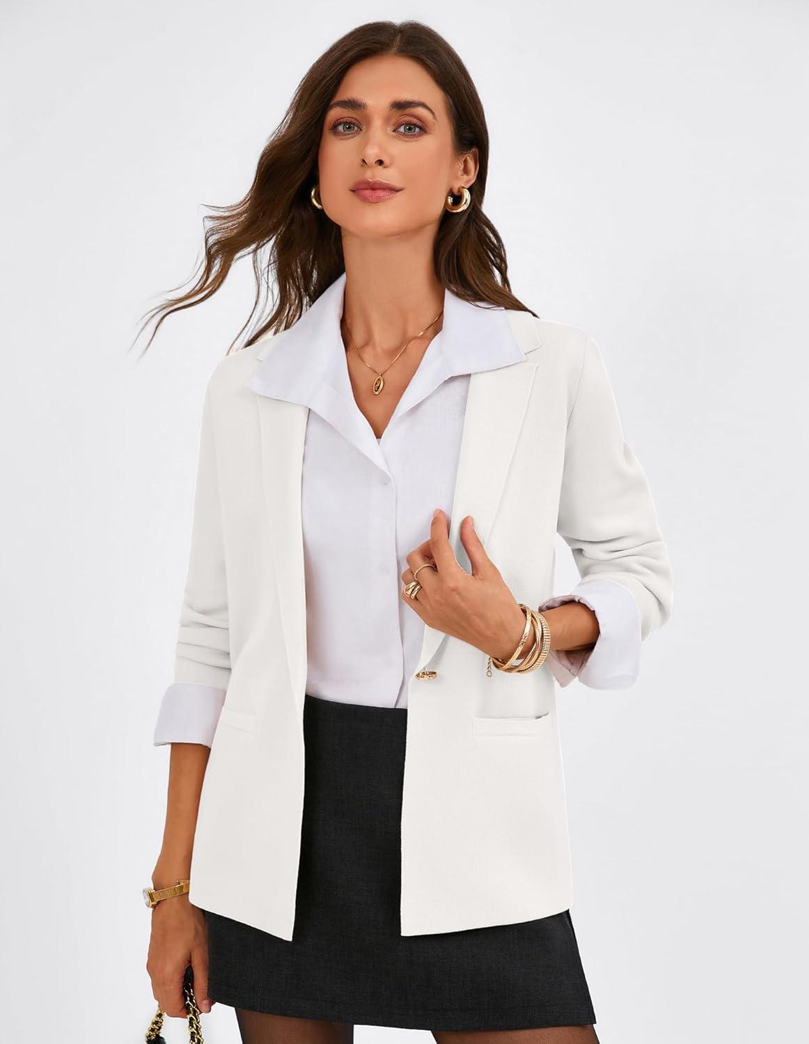 imageGRACE KARIN Sweater Blazers for Women Business Casual Long Sleeve Open Front Work Office Cardigan Suit Jackets with PocketsWhite