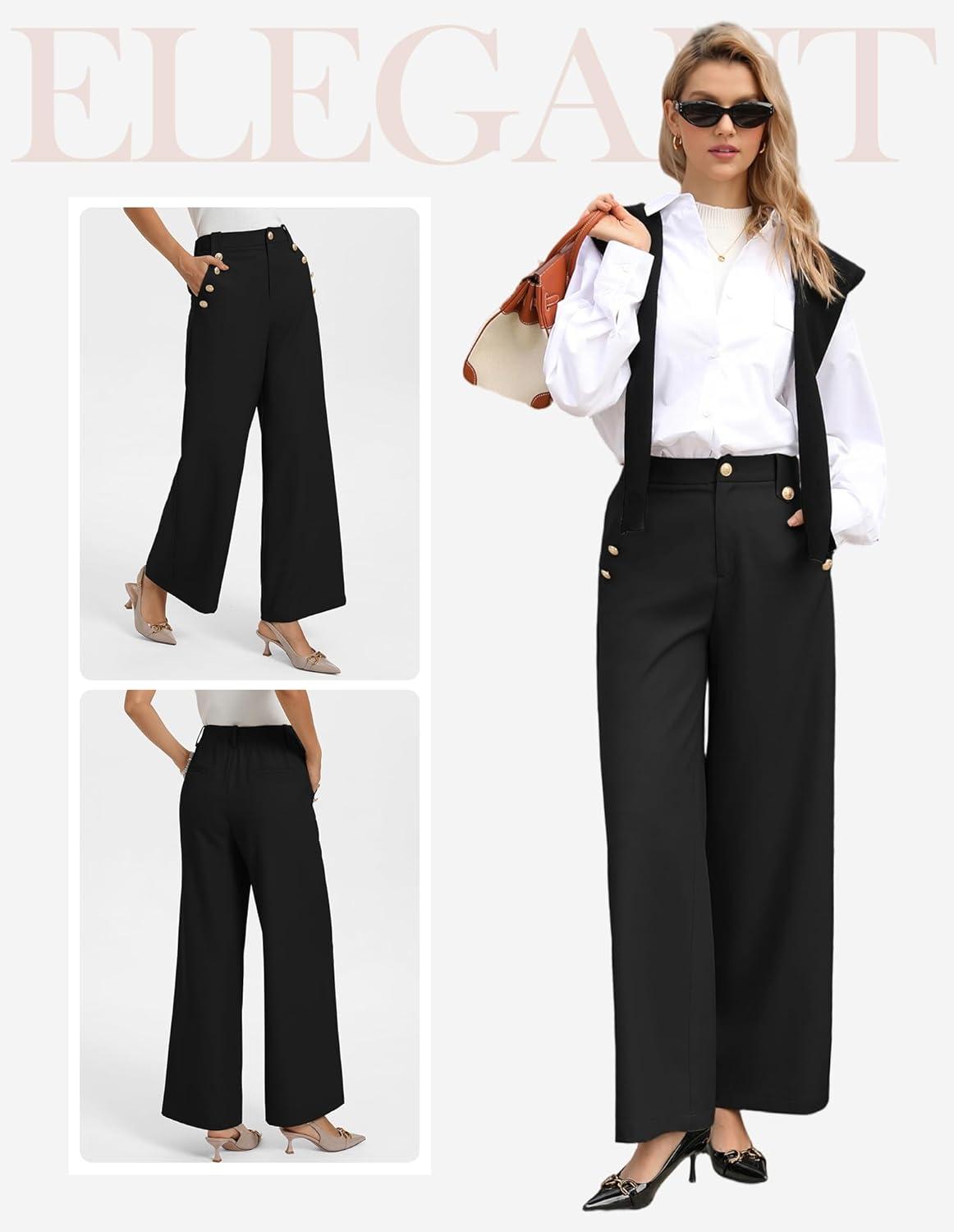 imageGRACE KARIN Wide Leg Dress Pants for Women 2026 High Waisted Work Pants Business Casual Buttons Trousers with PocketsBlack