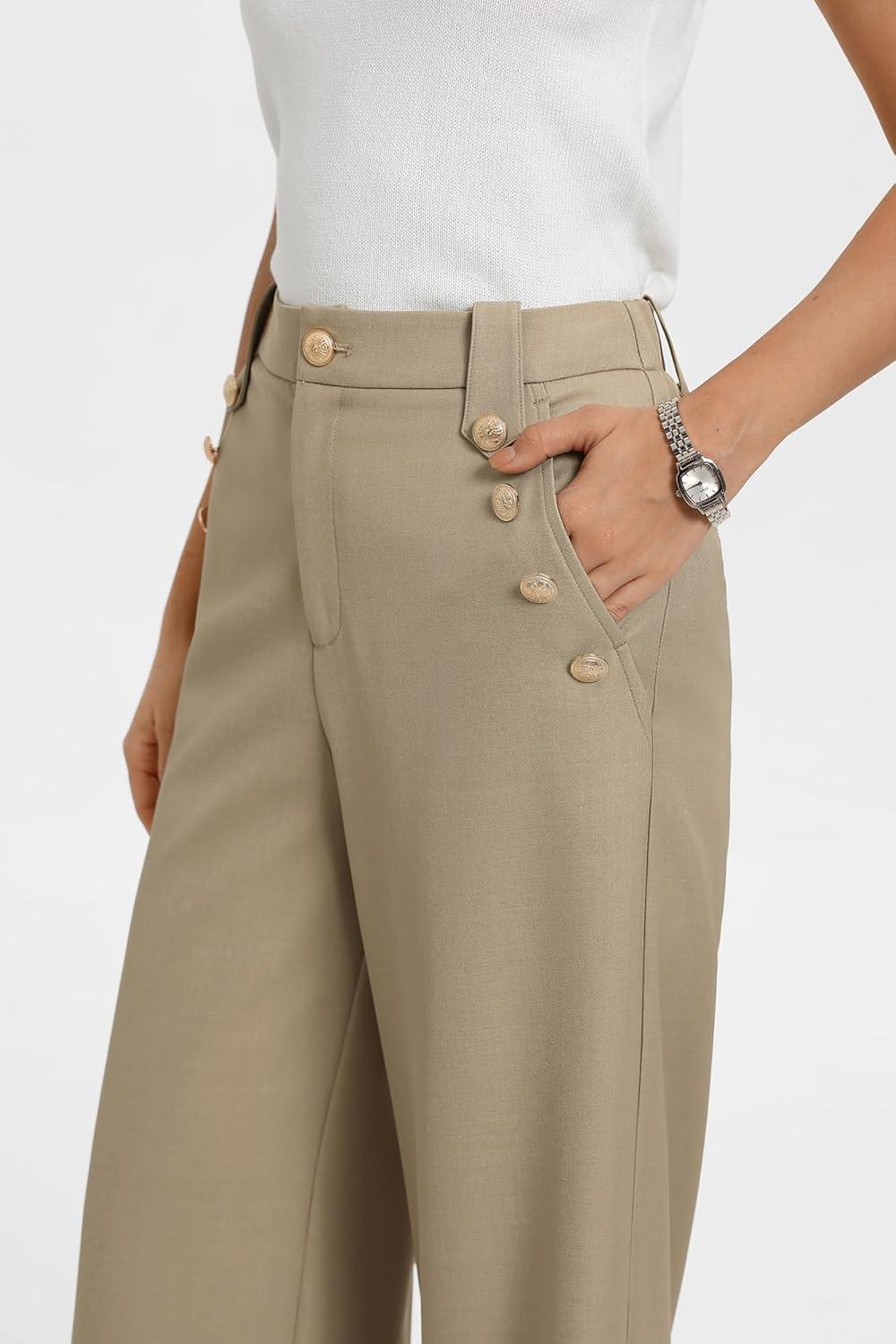 imageGRACE KARIN Wide Leg Dress Pants for Women 2026 High Waisted Work Pants Business Casual Buttons Trousers with PocketsKhaki