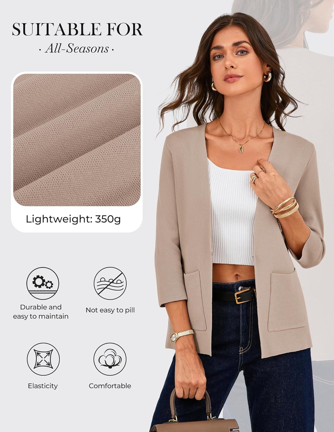 imageGRACE KARIN Women 34 Sleeve Sweater Blazer Lightweight Open Front Cardigan Knit Jackets Business Casual with PocketsKhaki