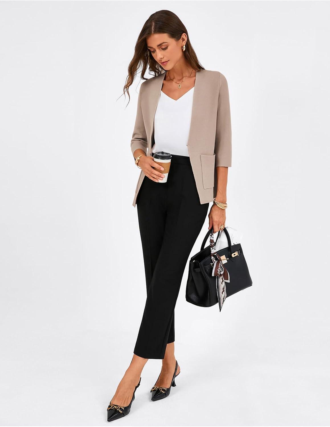 imageGRACE KARIN Women 34 Sleeve Sweater Blazer Lightweight Open Front Cardigan Knit Jackets Business Casual with PocketsKhaki