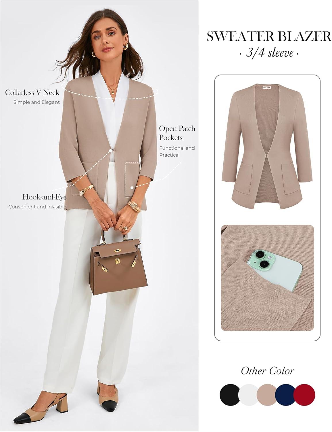 imageGRACE KARIN Women 34 Sleeve Sweater Blazer Lightweight Open Front Cardigan Knit Jackets Business Casual with PocketsKhaki