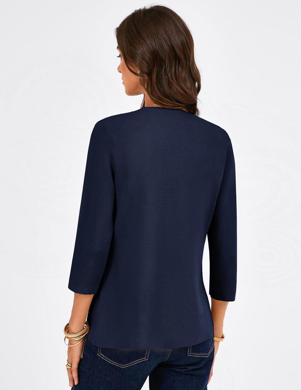 imageGRACE KARIN Women 34 Sleeve Sweater Blazer Lightweight Open Front Cardigan Knit Jackets Business Casual with PocketsNavy Blue
