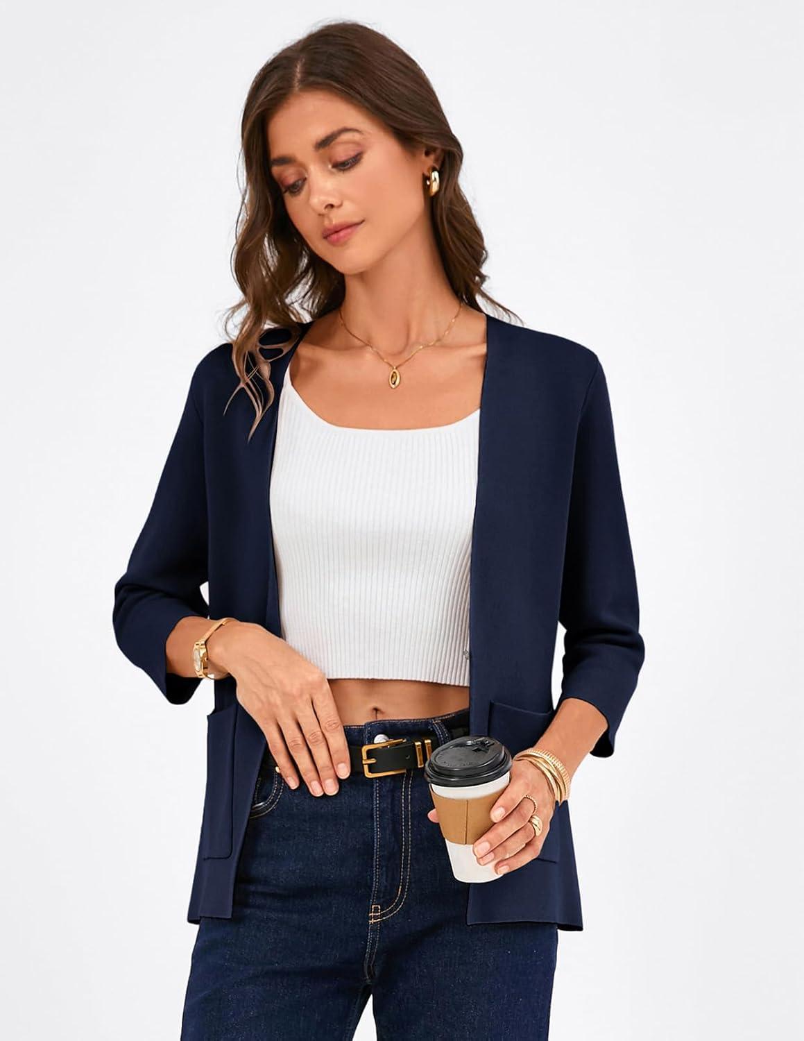 imageGRACE KARIN Women 34 Sleeve Sweater Blazer Lightweight Open Front Cardigan Knit Jackets Business Casual with PocketsNavy Blue