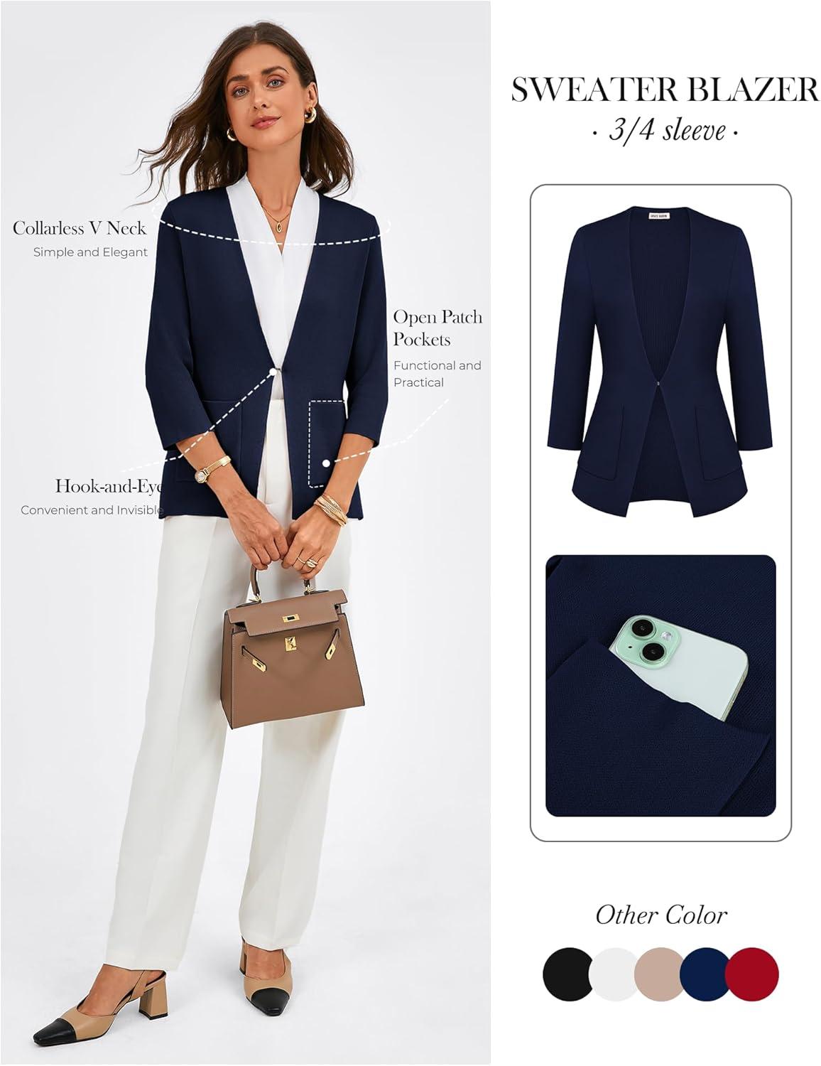 imageGRACE KARIN Women 34 Sleeve Sweater Blazer Lightweight Open Front Cardigan Knit Jackets Business Casual with PocketsNavy Blue
