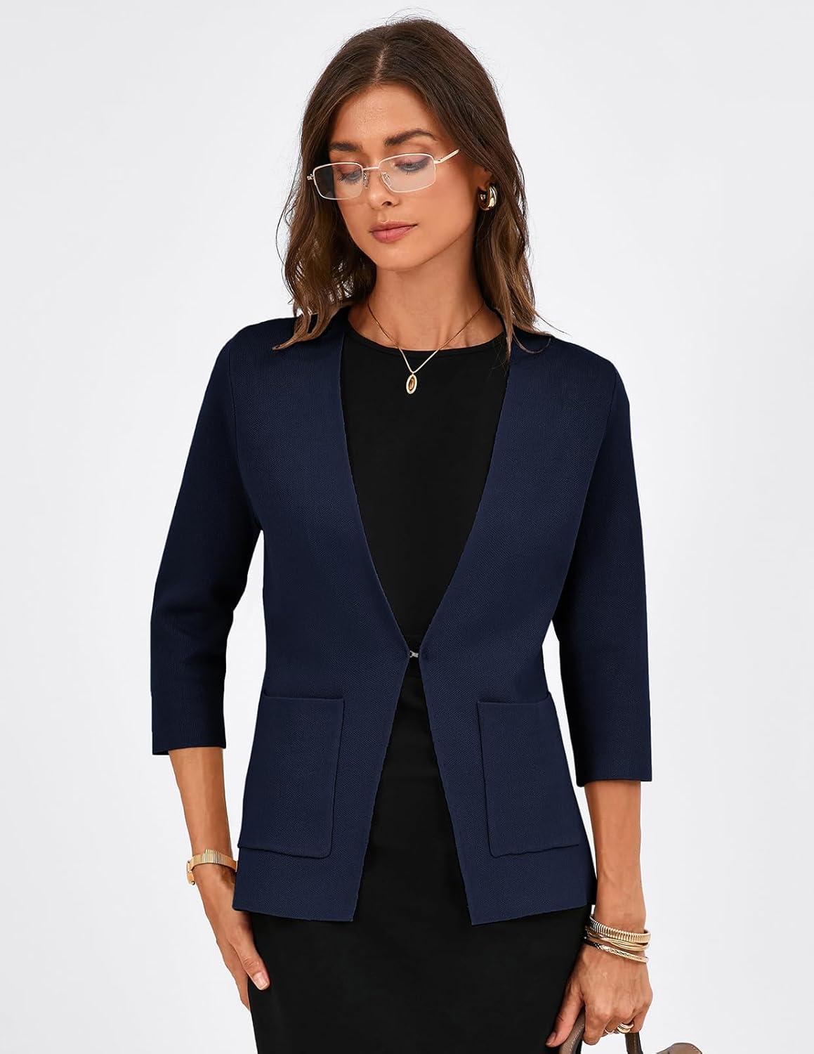 imageGRACE KARIN Women 34 Sleeve Sweater Blazer Lightweight Open Front Cardigan Knit Jackets Business Casual with PocketsNavy Blue
