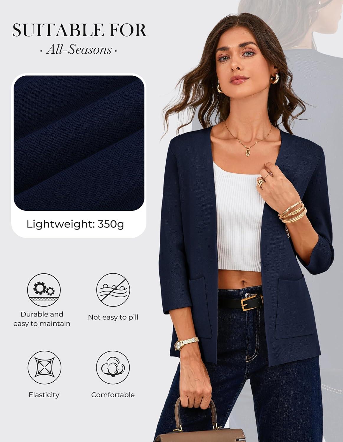 imageGRACE KARIN Women 34 Sleeve Sweater Blazer Lightweight Open Front Cardigan Knit Jackets Business Casual with PocketsNavy Blue