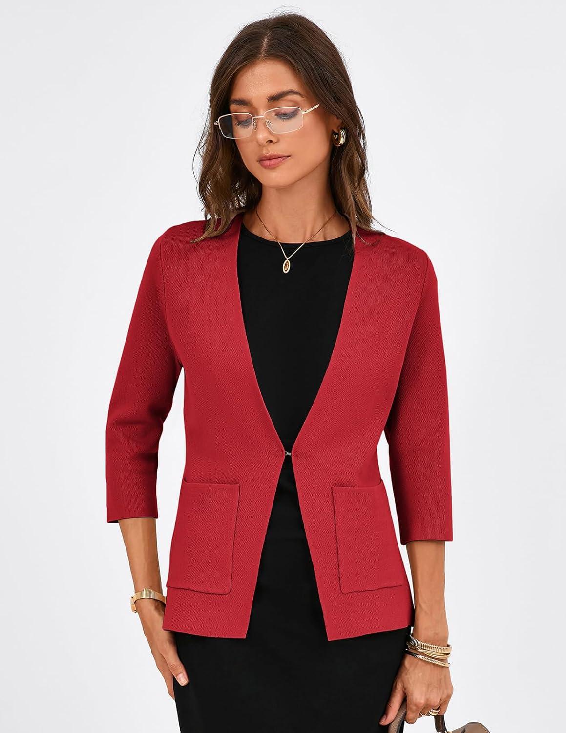 imageGRACE KARIN Women 34 Sleeve Sweater Blazer Lightweight Open Front Cardigan Knit Jackets Business Casual with PocketsRed