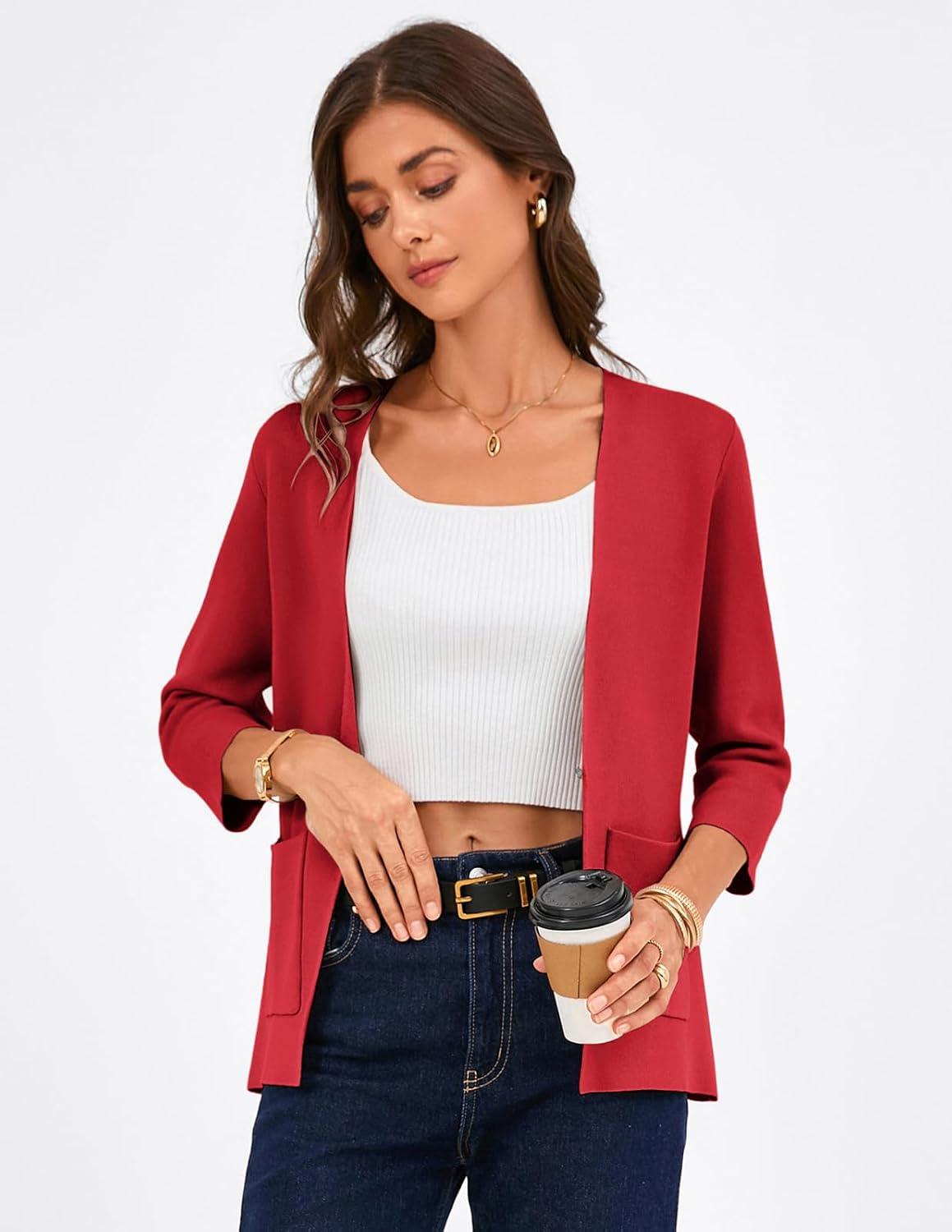 imageGRACE KARIN Women 34 Sleeve Sweater Blazer Lightweight Open Front Cardigan Knit Jackets Business Casual with PocketsRed