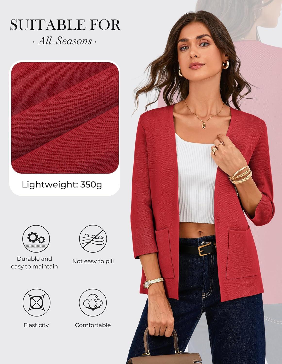 imageGRACE KARIN Women 34 Sleeve Sweater Blazer Lightweight Open Front Cardigan Knit Jackets Business Casual with PocketsRed