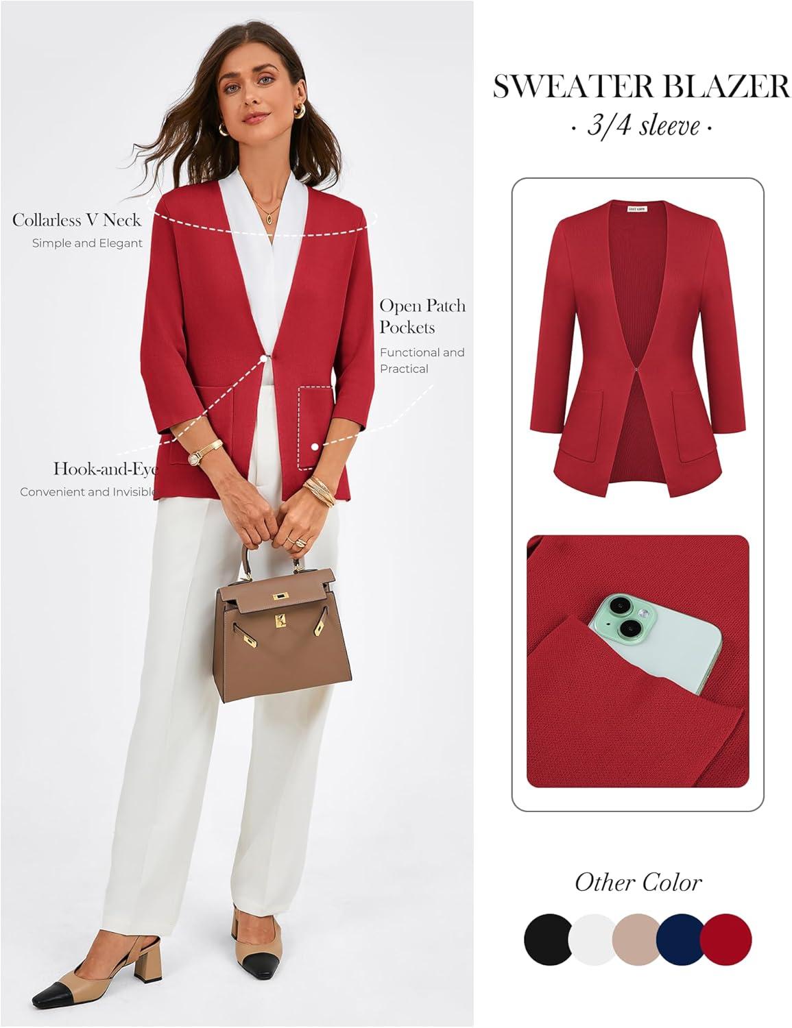 imageGRACE KARIN Women 34 Sleeve Sweater Blazer Lightweight Open Front Cardigan Knit Jackets Business Casual with PocketsRed