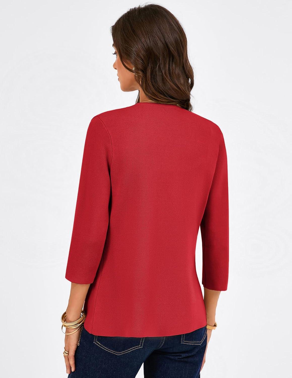 imageGRACE KARIN Women 34 Sleeve Sweater Blazer Lightweight Open Front Cardigan Knit Jackets Business Casual with PocketsRed