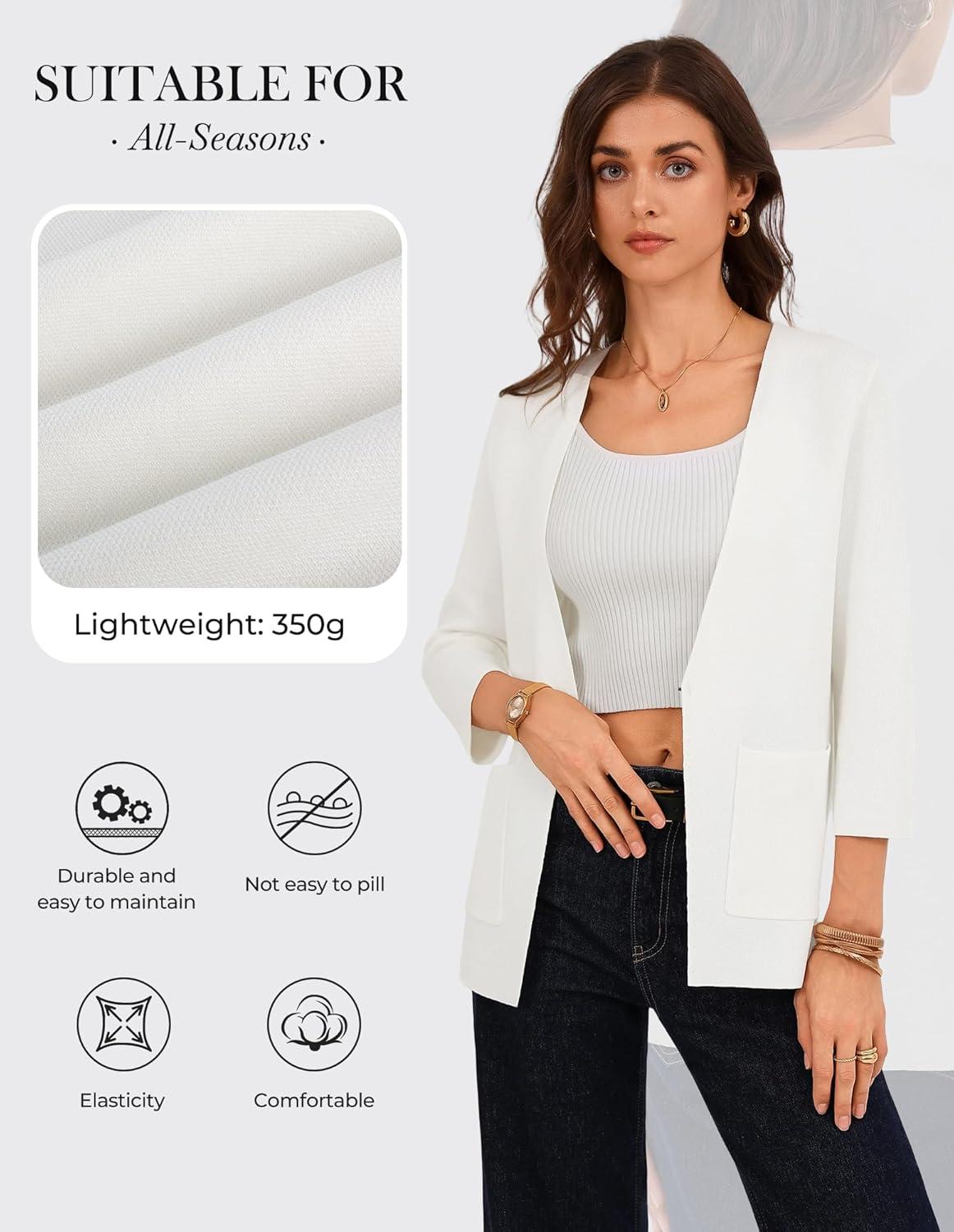 imageGRACE KARIN Women 34 Sleeve Sweater Blazer Lightweight Open Front Cardigan Knit Jackets Business Casual with PocketsWhite