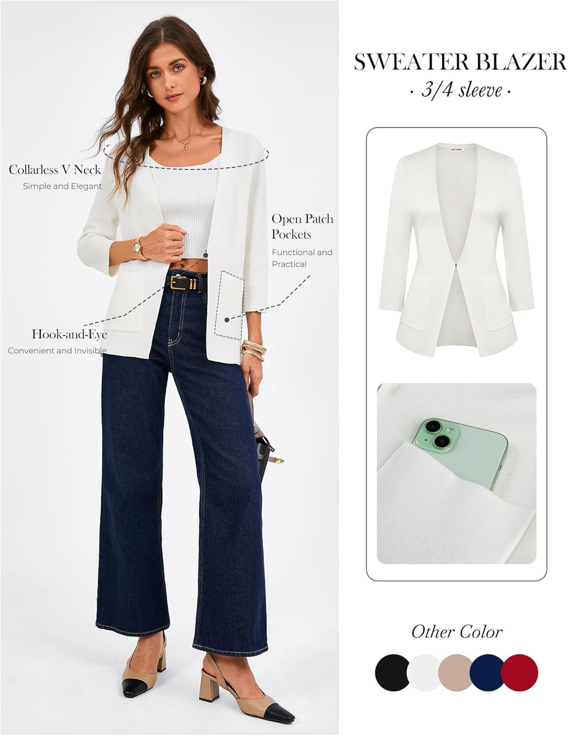 imageGRACE KARIN Women 34 Sleeve Sweater Blazer Lightweight Open Front Cardigan Knit Jackets Business Casual with PocketsWhite