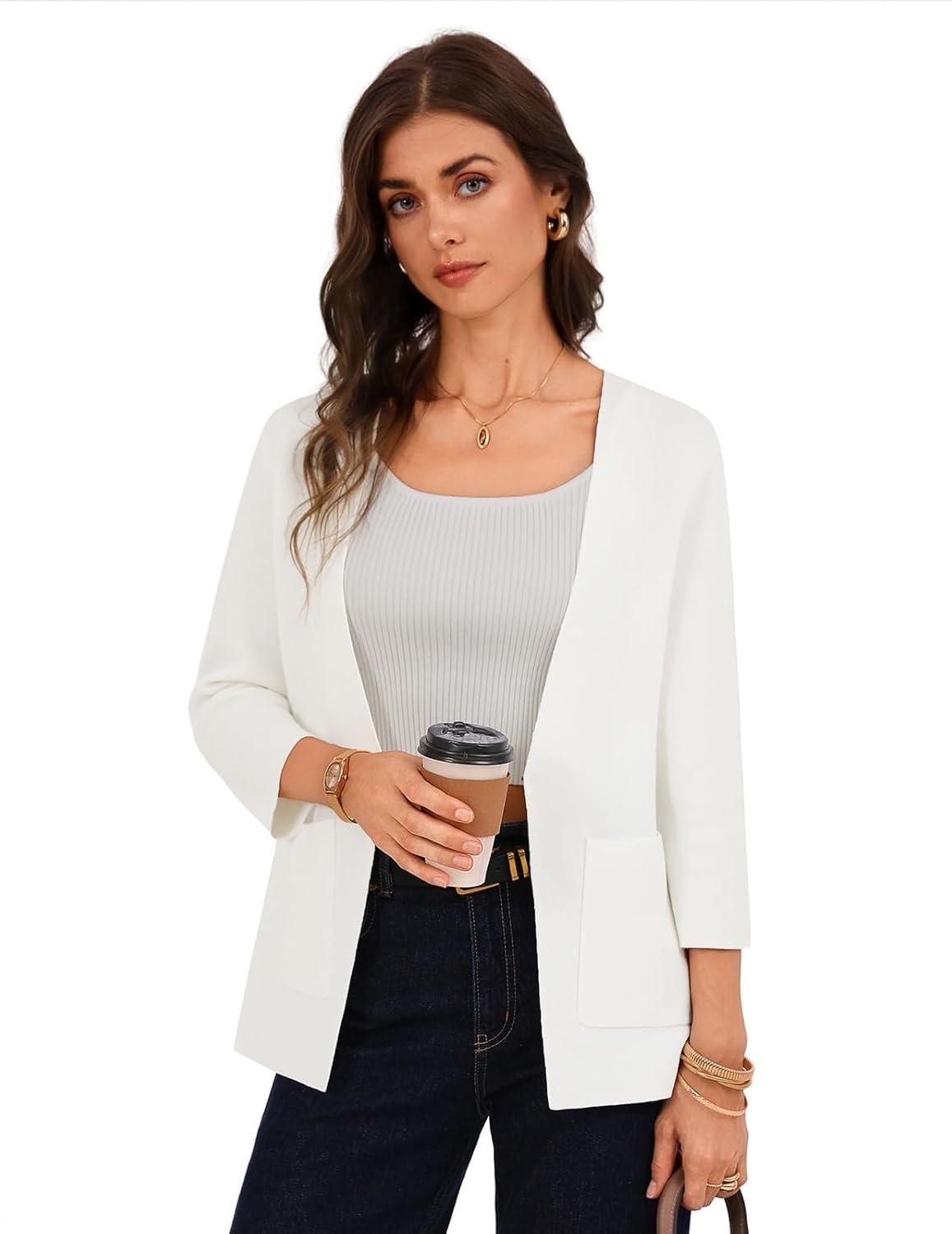 imageGRACE KARIN Women 34 Sleeve Sweater Blazer Lightweight Open Front Cardigan Knit Jackets Business Casual with PocketsWhite