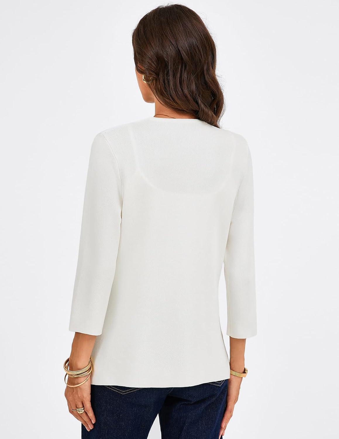imageGRACE KARIN Women 34 Sleeve Sweater Blazer Lightweight Open Front Cardigan Knit Jackets Business Casual with PocketsWhite